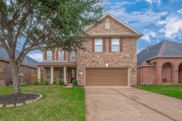 view of front of property with a garage and a front lawn