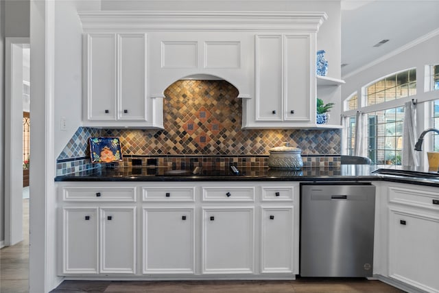 kitchen featuring white cabinetry, dishwasher, and dark wood-type flooring