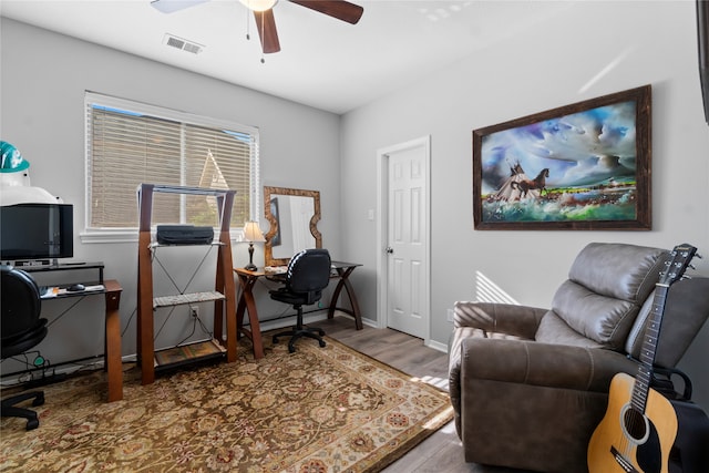 office area featuring ceiling fan and wood-type flooring