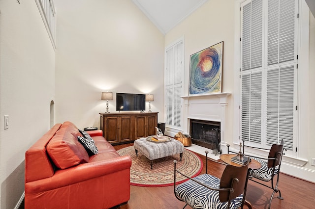 living room with wood-type flooring, ornamental molding, and lofted ceiling