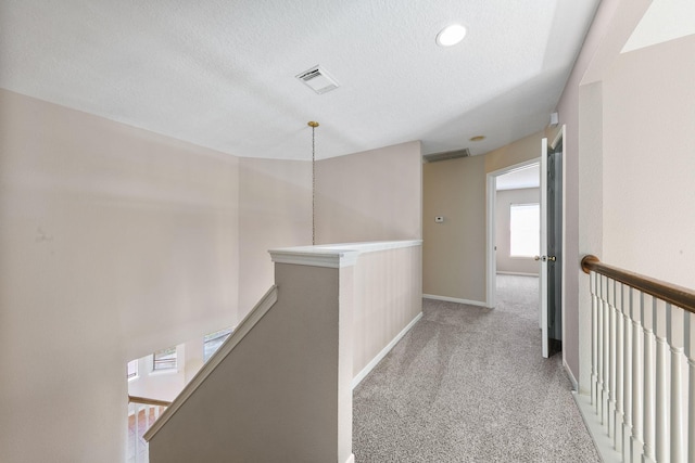 hall featuring light carpet and a textured ceiling