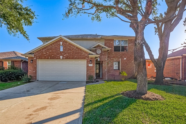 view of front property featuring a garage and a front lawn