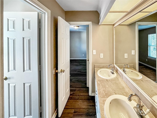 1519 Hannington Dr, Katy, TX 77450 - full bathroom with double vanity, wood finished floors, and baseboards