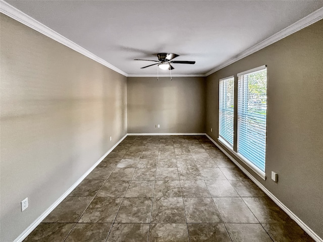 spare room with ceiling fan and crown molding