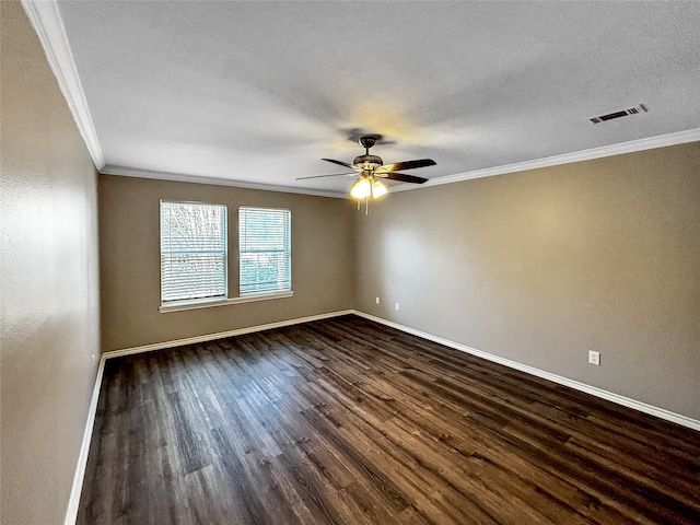 unfurnished room featuring ornamental molding, a textured ceiling, ceiling fan, and dark wood-type flooring