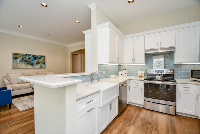 kitchen with white cabinetry, kitchen peninsula, and stainless steel appliances