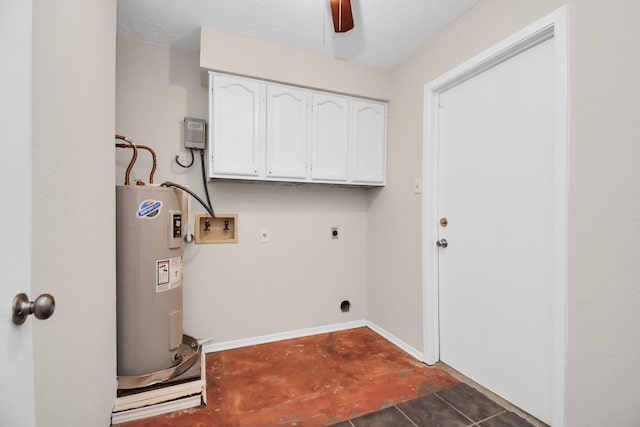 laundry room featuring ceiling fan, cabinets, washer hookup, hookup for an electric dryer, and electric water heater