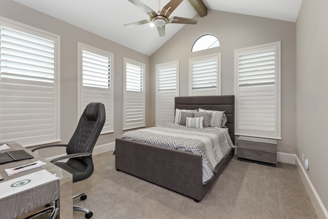 bedroom with ceiling fan, light colored carpet, and lofted ceiling with beams