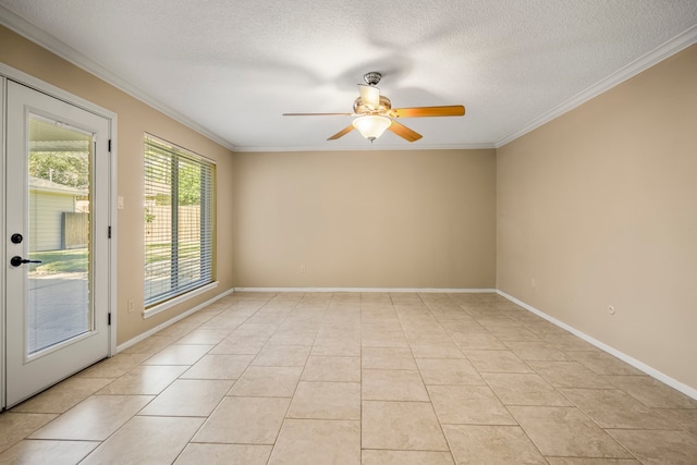 tiled empty room with crown molding, ceiling fan, and a textured ceiling