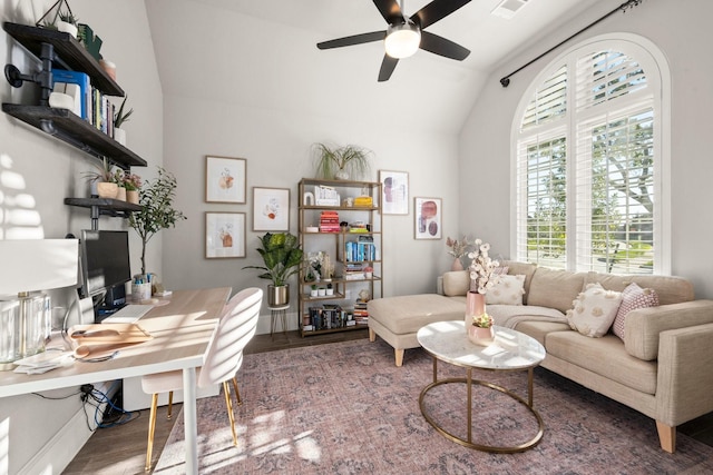 office space featuring hardwood / wood-style flooring, ceiling fan, and lofted ceiling