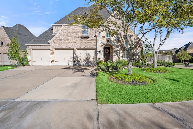 view of front of property with a garage and a front lawn