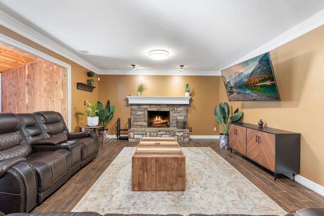 living room featuring a stone fireplace, crown molding, and dark wood-type flooring