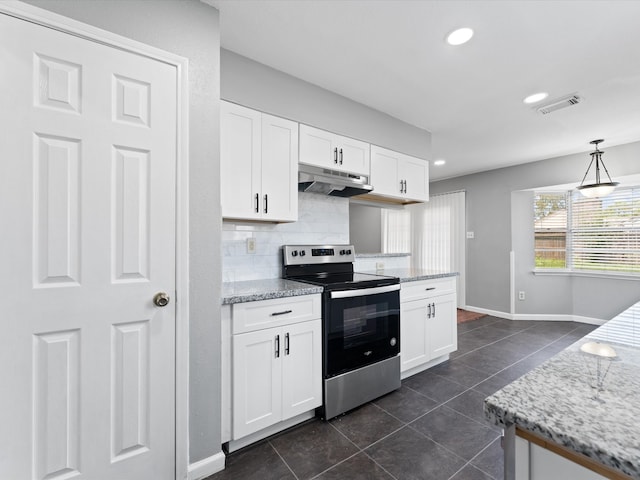 kitchen with pendant lighting, stainless steel electric range, light stone countertops, and white cabinetry