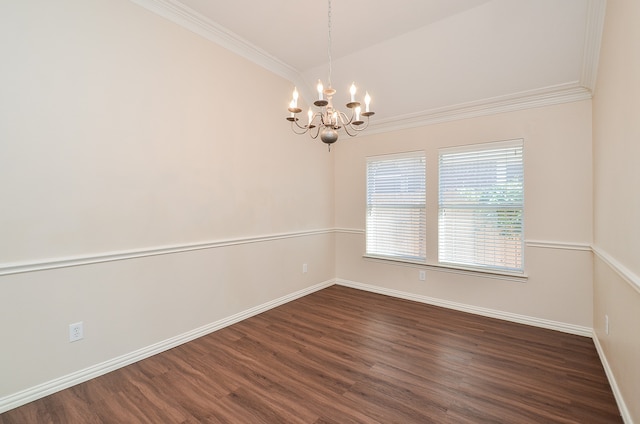 unfurnished room featuring ornamental molding, dark wood-type flooring, and a notable chandelier