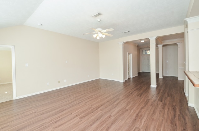 unfurnished living room with ceiling fan, hardwood / wood-style floors, and vaulted ceiling