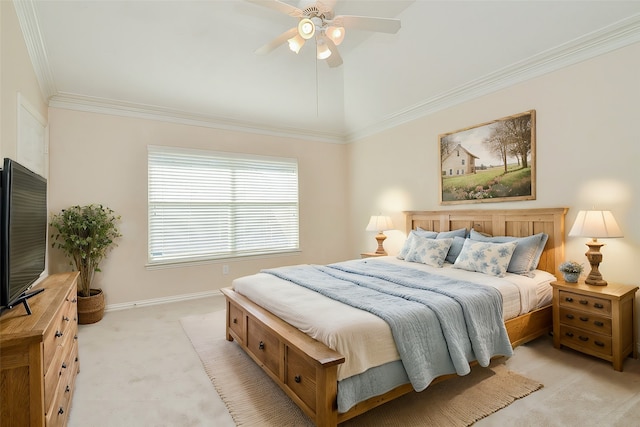 bedroom featuring light colored carpet, ceiling fan, and crown molding