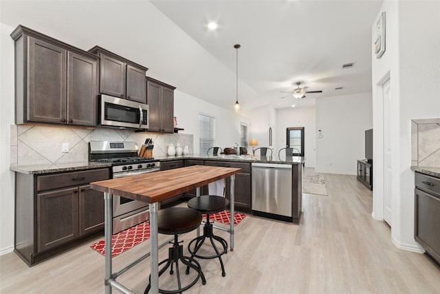 kitchen featuring appliances with stainless steel finishes, light wood-type flooring, light stone counters, dark brown cabinets, and ceiling fan