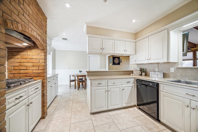 kitchen featuring kitchen peninsula, backsplash, ornamental molding, black dishwasher, and white cabinetry