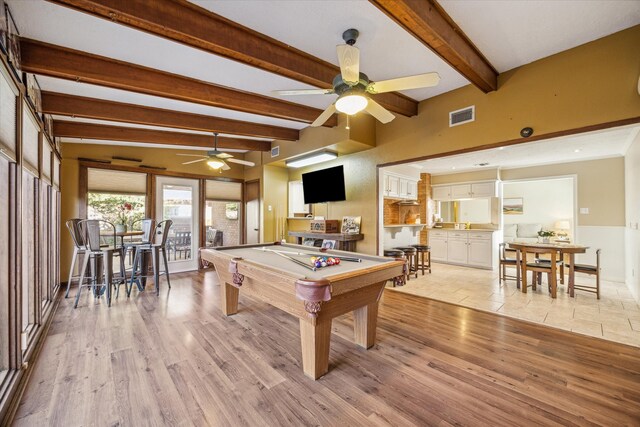 rec room with beam ceiling, ceiling fan, light hardwood / wood-style floors, and billiards