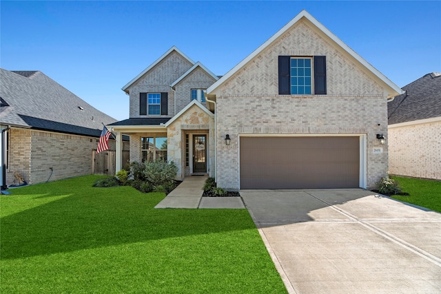 view of front of property with a front yard and a garage