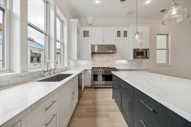 7523 Cuadro Ln, Houston, TX 77055 - kitchen with stainless steel appliances, under cabinet range hood, a sink, white cabinets, and dark cabinets