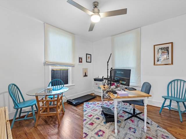 office area featuring hardwood / wood-style floors and ceiling fan