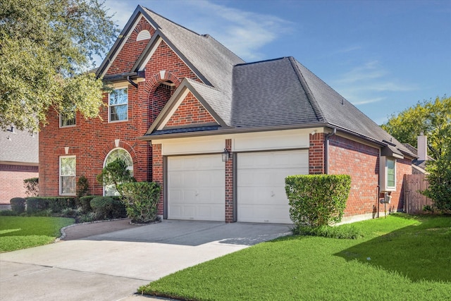 view of front of home with a front lawn and a garage