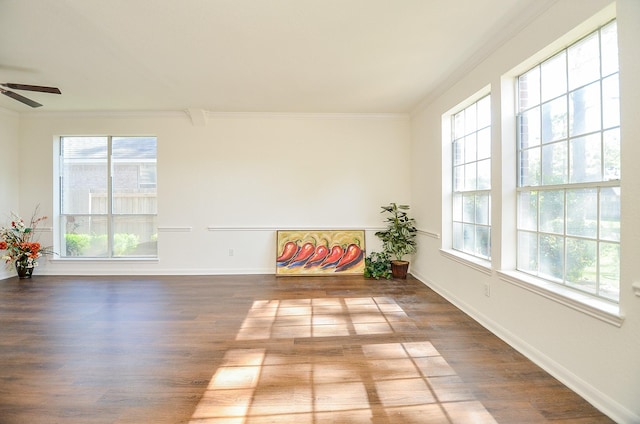 empty room with crown molding, hardwood / wood-style floors, and ceiling fan