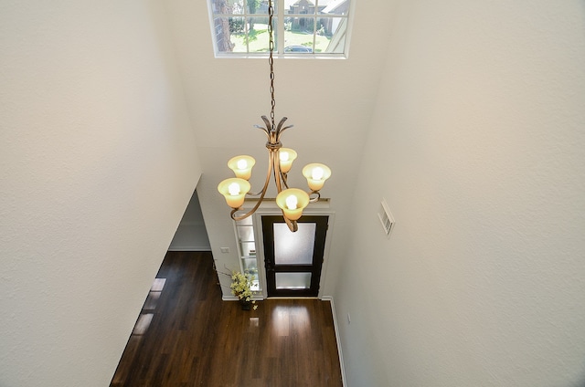 doorway featuring an inviting chandelier and dark hardwood / wood-style flooring