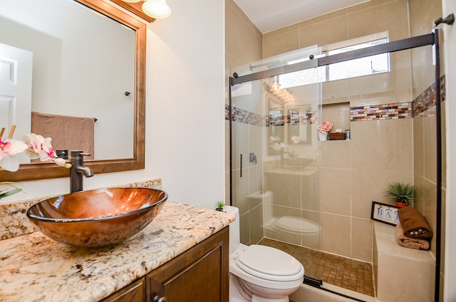 bathroom with vanity, toilet, and a shower with shower door