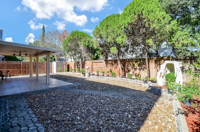 view of yard featuring ceiling fan and a patio