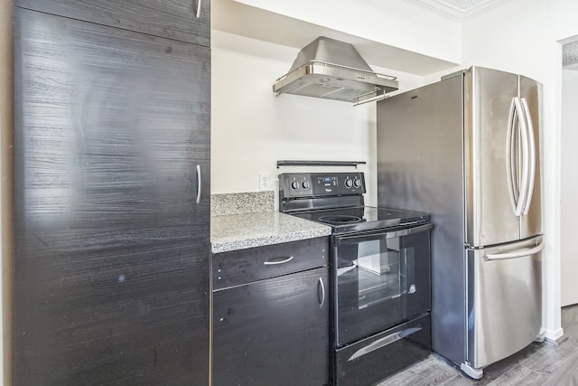 kitchen featuring ventilation hood, black electric range, stainless steel fridge, ornamental molding, and wood-type flooring