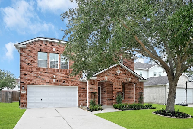 front facade featuring a garage and a front lawn