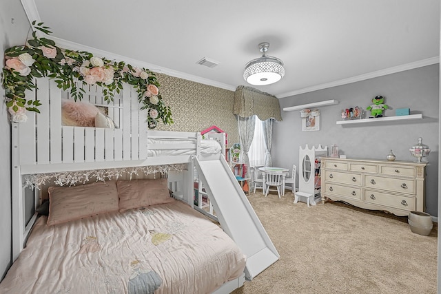 carpeted bedroom with crown molding