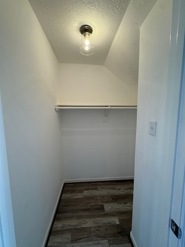 spacious closet with vaulted ceiling and dark wood-type flooring