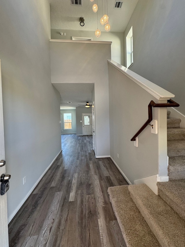 stairs featuring a textured ceiling, wood-type flooring, and ceiling fan with notable chandelier