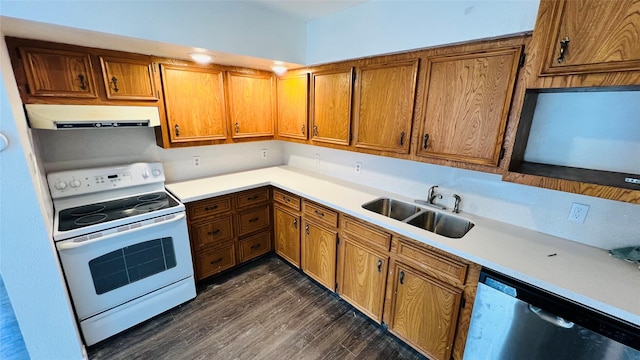 kitchen with stainless steel dishwasher, ventilation hood, white range with electric stovetop, sink, and dark hardwood / wood-style floors