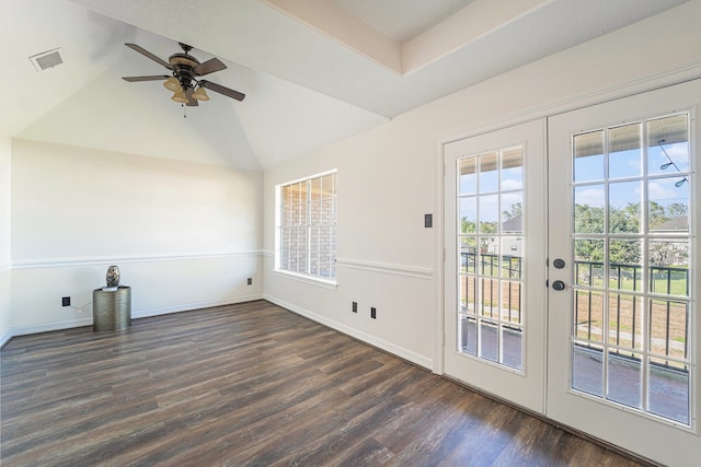 entryway featuring ceiling fan, vaulted ceiling, dark hardwood / wood-style flooring, and french doors