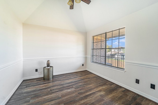 unfurnished room with ceiling fan, dark hardwood / wood-style flooring, and lofted ceiling