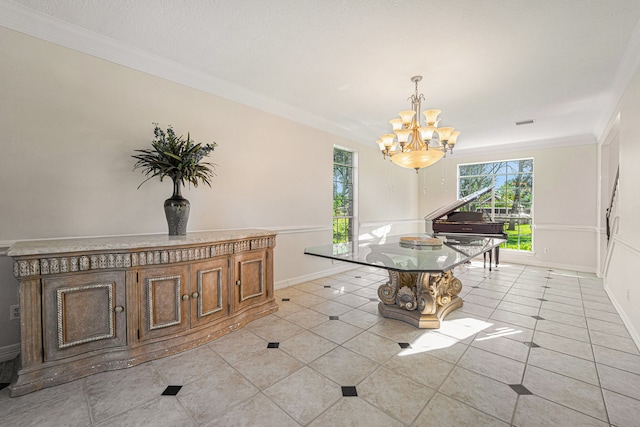 tiled dining room featuring ornamental molding and a notable chandelier