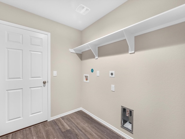 laundry area featuring washer hookup, electric dryer hookup, and dark hardwood / wood-style flooring