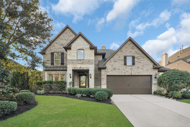 french provincial home with a garage and a front lawn