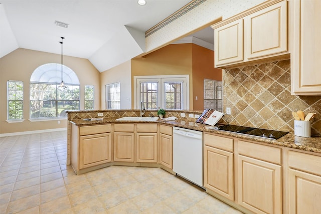 kitchen featuring dishwasher, backsplash, black electric stovetop, sink, and plenty of natural light