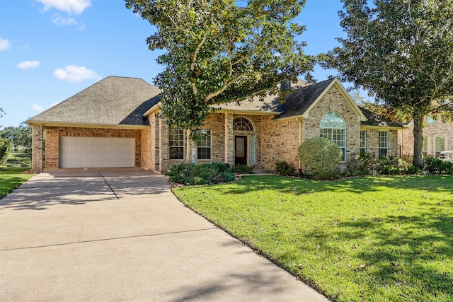 view of front facade with a front lawn and a garage