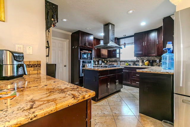 kitchen featuring decorative backsplash, ornamental molding, dark brown cabinetry, island exhaust hood, and stainless steel appliances