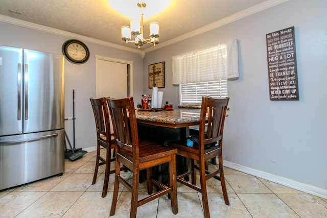 dining area with crown molding, a notable chandelier, and light tile patterned flooring