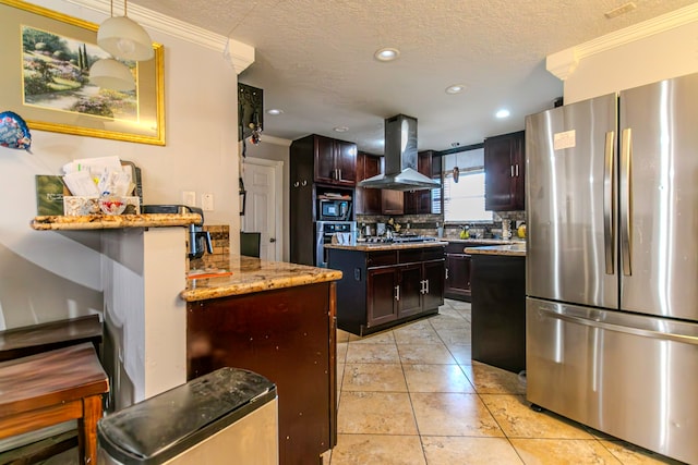 kitchen with light stone countertops, crown molding, decorative backsplash, island range hood, and appliances with stainless steel finishes