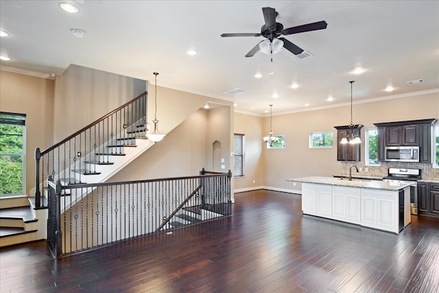 kitchen with appliances with stainless steel finishes, ceiling fan with notable chandelier, dark hardwood / wood-style floors, and an island with sink