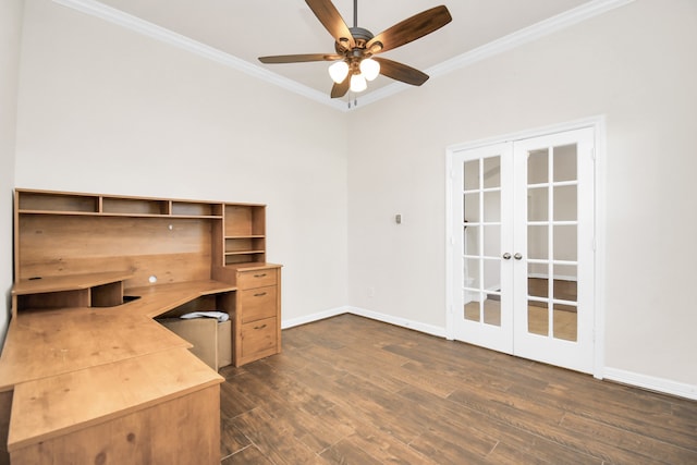 unfurnished office featuring dark hardwood / wood-style flooring, ceiling fan, crown molding, and french doors