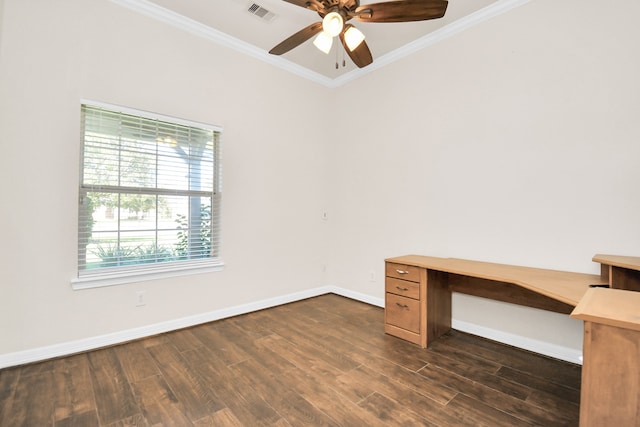 unfurnished office featuring ornamental molding, dark hardwood / wood-style floors, and ceiling fan